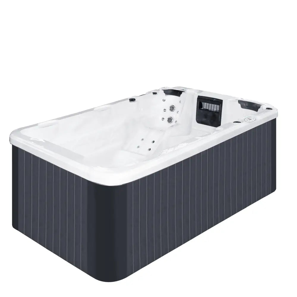 Modern PassionSpa Aquatic 1 Eco Swim Spa med vit interiör och mörkgrå randig exteriör