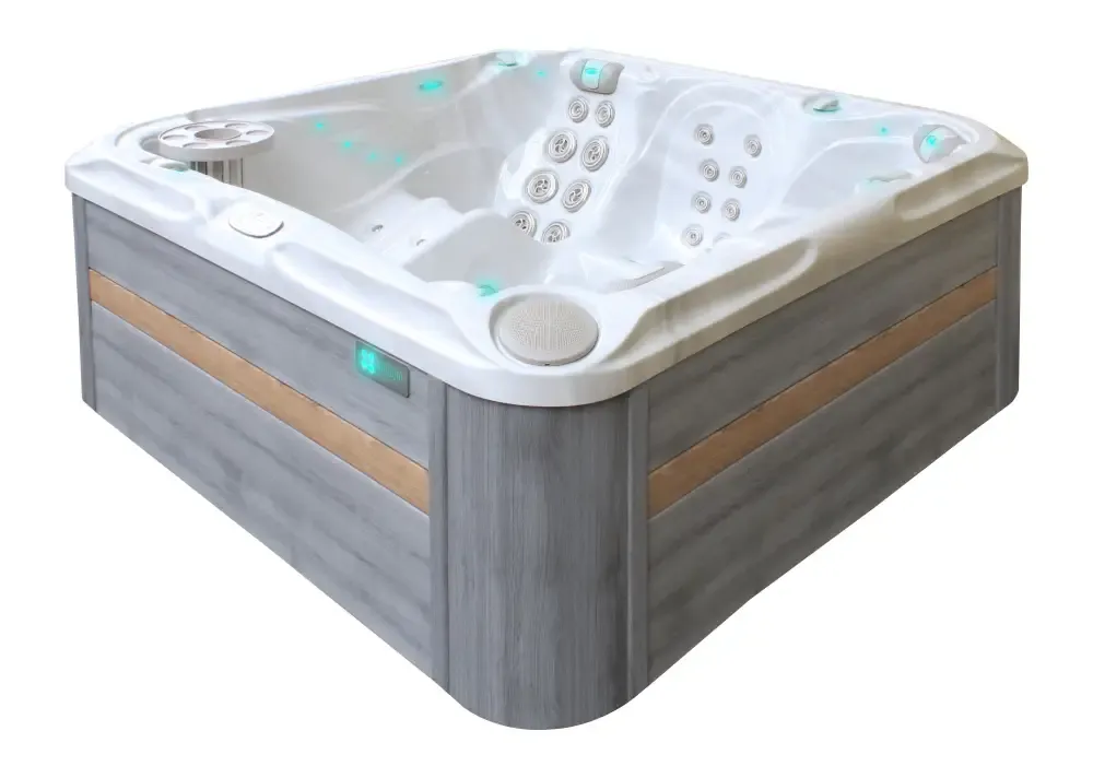 Vit spabad PassionSpa Delight Signature Collection med trädetaljer, jetmunstycken och högtalare