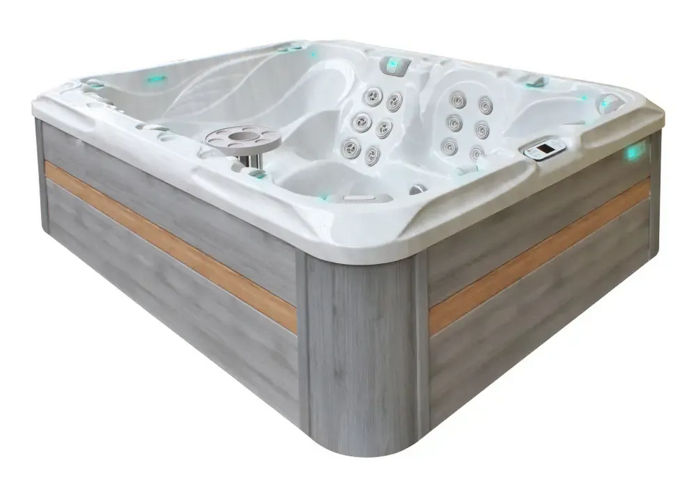 PassionSpa Desire Signature vitvarmbad med grå träpaneler blå lysen