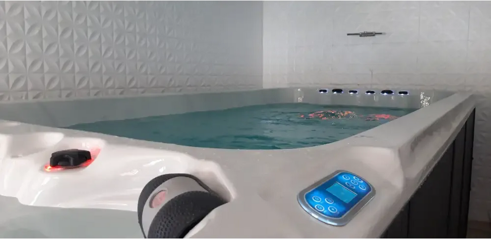 Vit PassionSpa Dynamic Deep Swim Spa – Sport Collection, vit badkar med blåupplyst panel och svarta jetmunstycken
