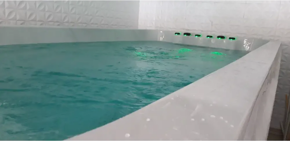 Vit PassionSpa Dynamic Swim Spa med vit badkar och gröna LED-ljus