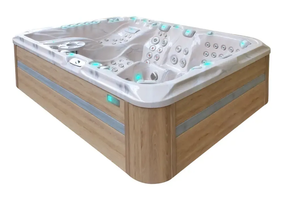 Modern vit badkar PassionSpa Ecstatic Mighty Wave med ljus träpanel och turkos belysning