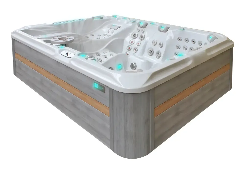 Modern PassionSpa Ecstatic Mighty Wave spabad med grå trä, vit interiör, turkos LED och jetkontroller