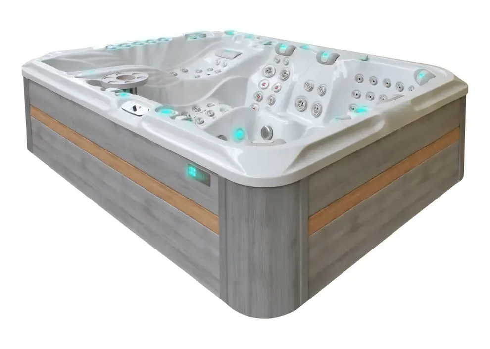 Modern PassionSpa Ecstatic Mighty Wave spabad med grå trä, vit interiör, turkos LED och jetkontroller