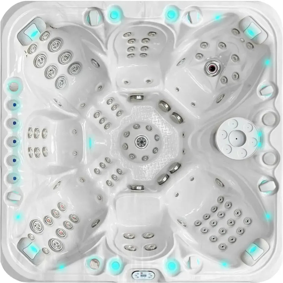 Vit PassionSpa Excite Mighty Wave spabad med vita sittplatser, silverjets och blå LED-ljus
