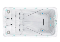 Vit PassionSpa Fitness 1 Deep Swim Spa med vit rektangulär form, blå LED-belysning och svarta interiördetaljer