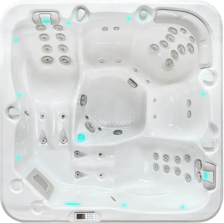 Vit PassionSpa Relax Spabad Pure Collection med vita hotsitt, jetmunstycken och blå LED-belysning