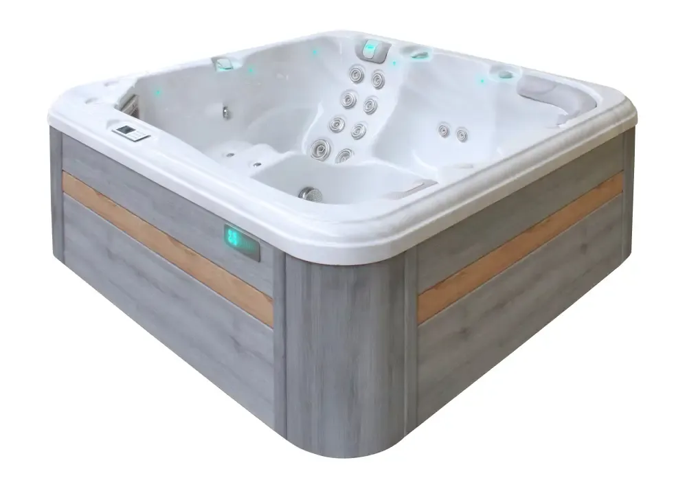 PassionSpa Relax Spabad med grå trädetaljer vit jet och turkos belysning