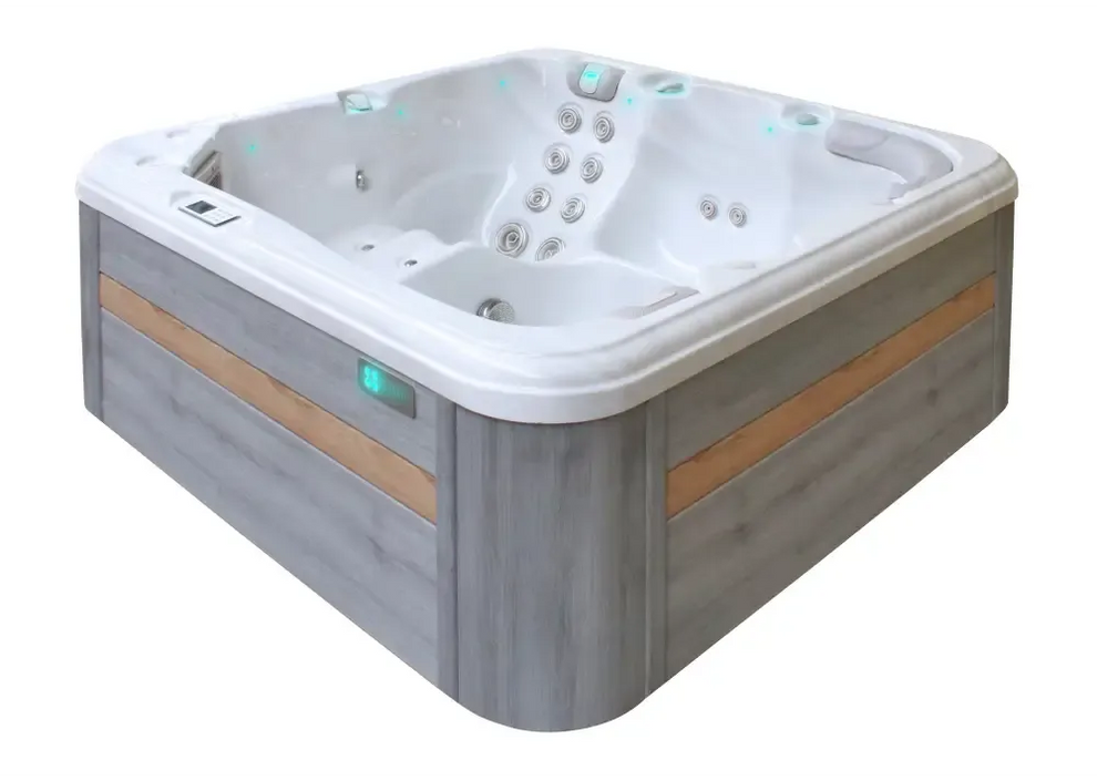 PassionSpa Relax Spabad med grå trädetaljer vit jet och turkos belysning