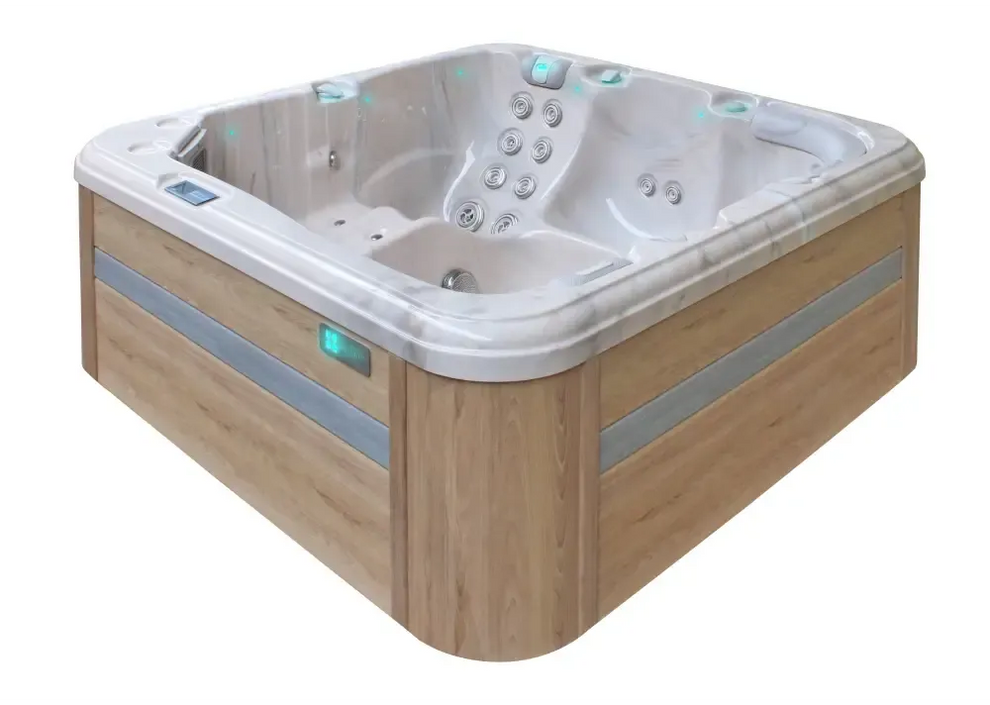 Modern PassionSpa Relax Spabad med ljus träutsida, vit insida, jetmunstycken och blå LED-belysning