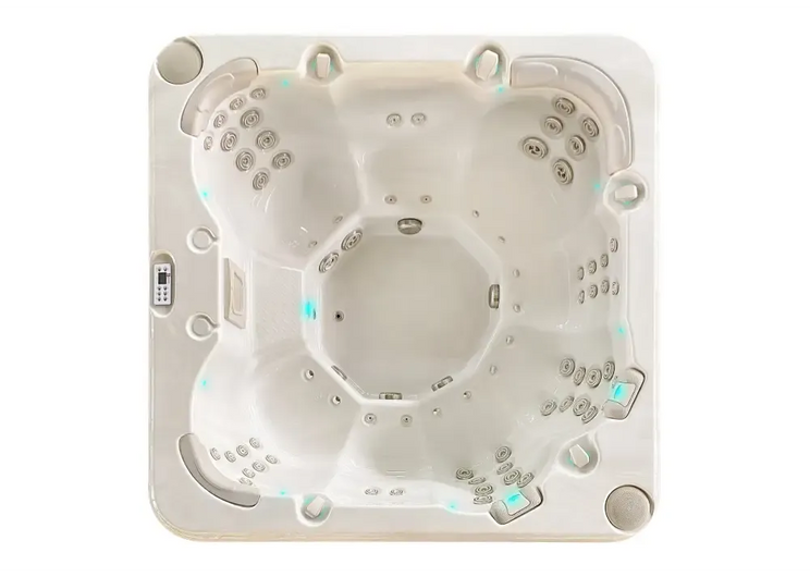 PassionSpa Resettle Spabad Pure Collection med krämfärgad badtunna blå LED-belysning och jetmunstycken