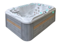 PassionSpa Sensation-spabad – grå trestruktur, hvit innside, turkis LED-belysning, regulering av massasjedyser