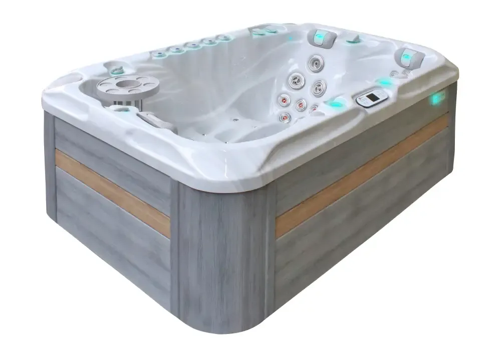 PassionSpa Sensation-spabad – grå trestruktur, hvit innside, turkis LED-belysning, regulering av massasjedyser