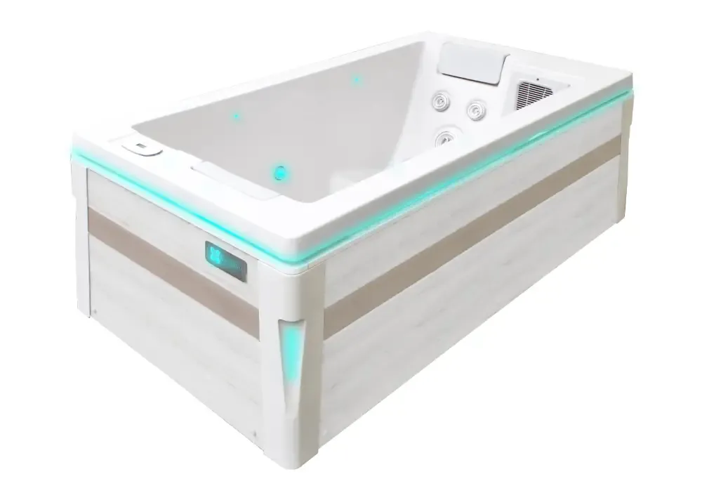 PassionSpa Serene 2 Spabad med vit beige träimitation och turkosa LED-ljus