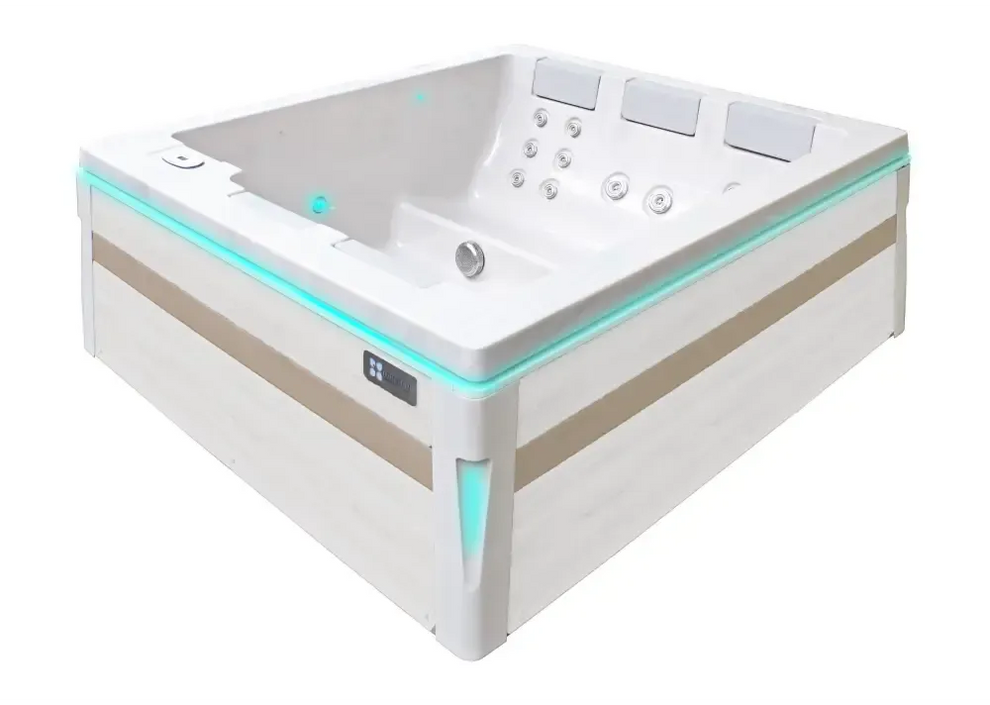 PassionSpa Serene 5 spabad i vitt och beige med turkosa LED-ljus