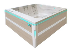 PassionSpa Serene 6-spabad – moderne utforming, rektangulær form, lys trekledning, hvit innside, turkis LED-belysning