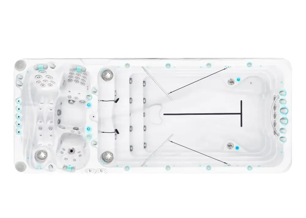 Vit PassionSpa Spirit Swim Spa med vit bad, ljusblå belysning och jetmunstycken