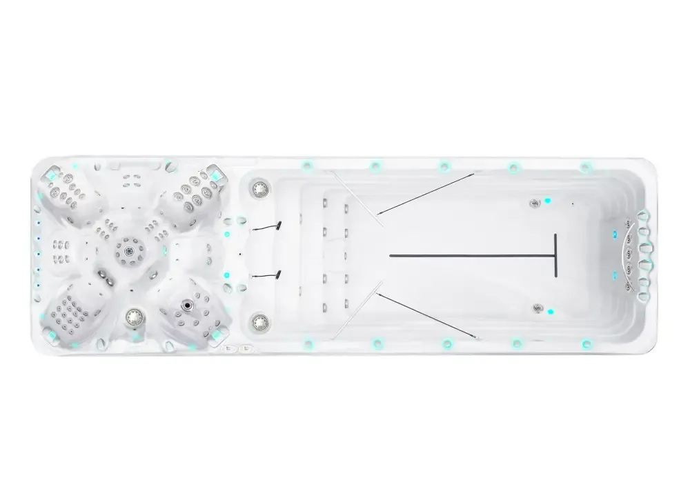 PassionSpa Vitality-swimspa – hvit overflate, rektangulær form, sitteplasser, massasjedyser, turkis belysning