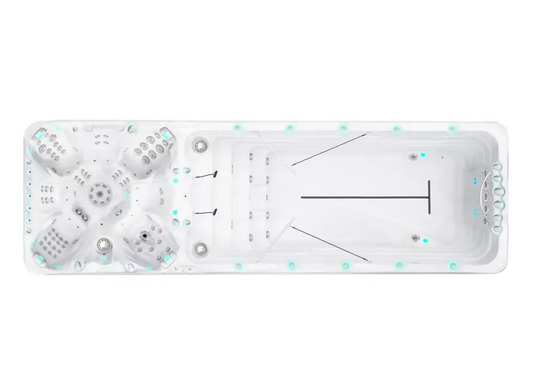 Vit PassionSpa Vitality Swim Spa med vit rektangulär form, jettsäten och turkos belysning