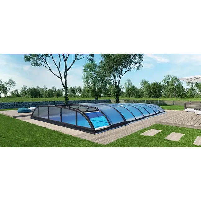 Blå böjd glas pooltak Dallas 3x6 i klar kanalplast med svart ram