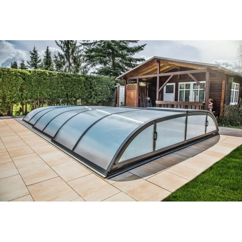 Curved transparent glass pooltak Dallas 3x6 i klar kanalplast med svart ram