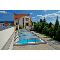 Pooltak Dallas med svart ram över blå pool med glas tak