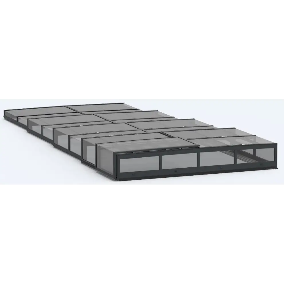 Modulära svarta ramade glastakspaneler i geometriskt mönster, Pooltak Icon Kit för modern glashägnad swimmingpool