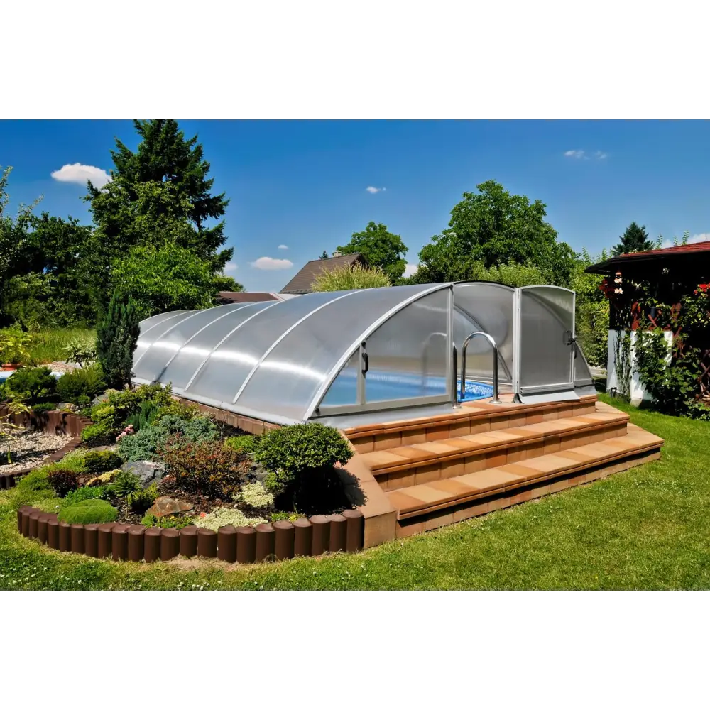 Elegant pooltak Klasik 5x10 med klar kanalplast och silver båge