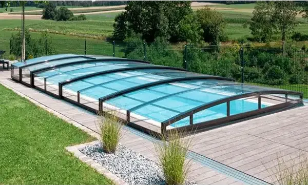 Modern pooltaket special curved glass pool cover in RAL7016 antracit profiler