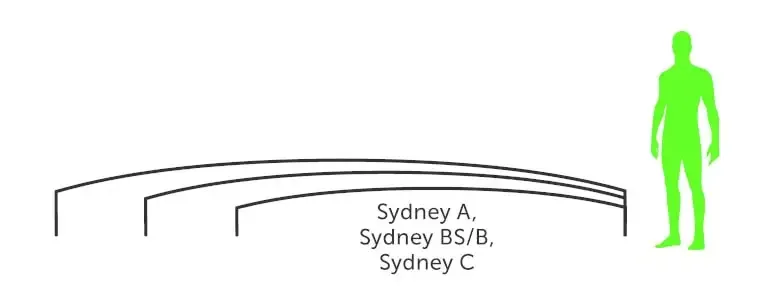 Minimalistisk svart linjeritning av Sydney pooltak med sittplatser och figur