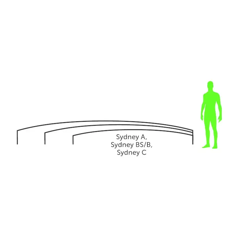 Minimalist svart linjeteckning av pooltak Sydney med enkelskena antracit, sittplatser och grön figur