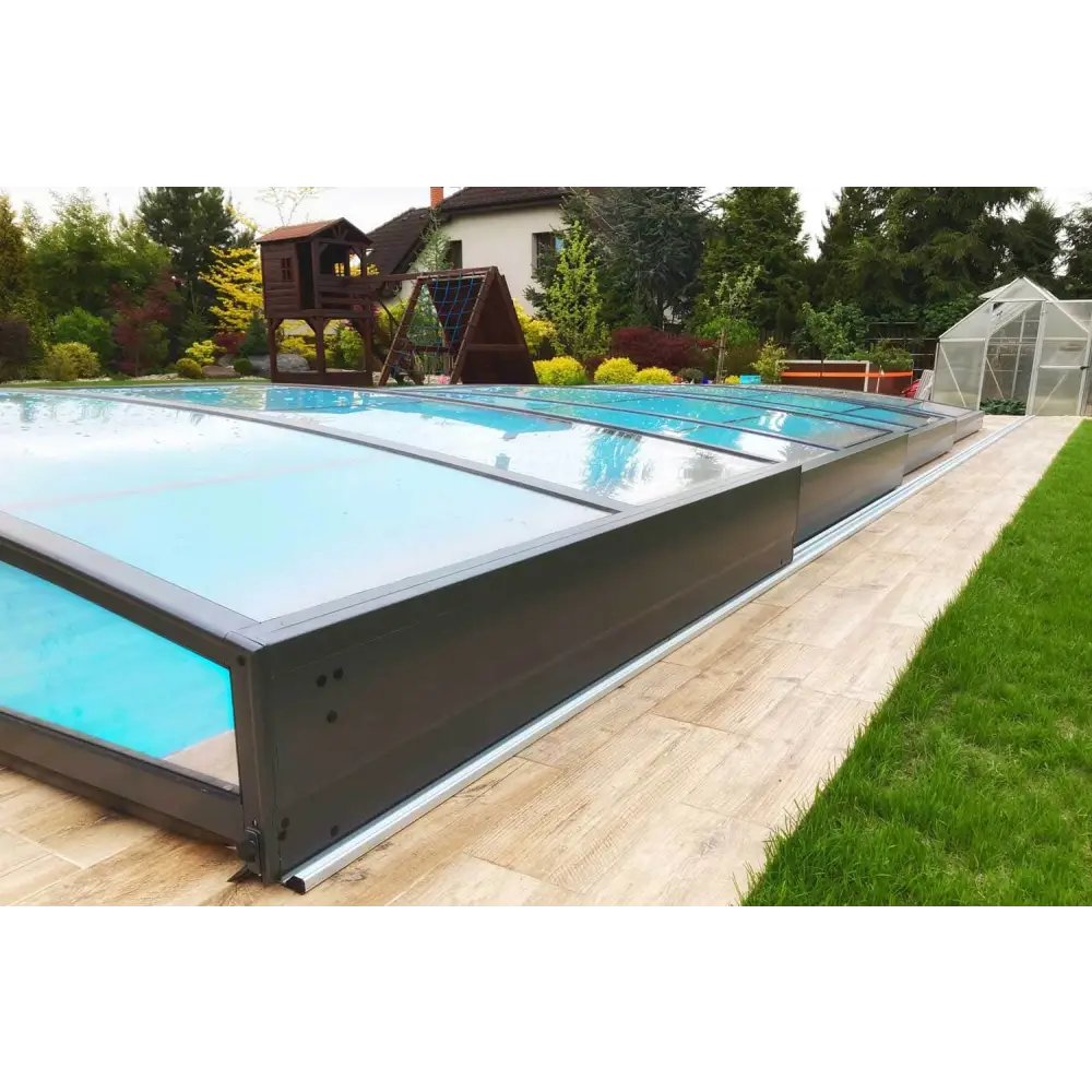 Pooltak Sydney med enkelskena antracit på ena sidan i modern mörkgrå metallram med transparenta glas