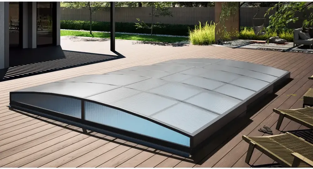 Sydney-bassengtak – 3 x 6, moderne utforming, sølvfarget overflate, buet utforming, klare paneler