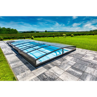 Pooltak Sydney i blåtonat glas med slank metallram för bygga pool