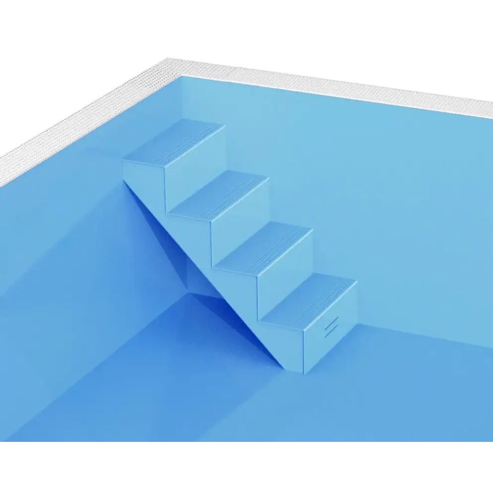 Blå pooltrappa med texturerade steg och vit kaklad kant i ThermoPP Poolpaket QBig Overflow 3x5