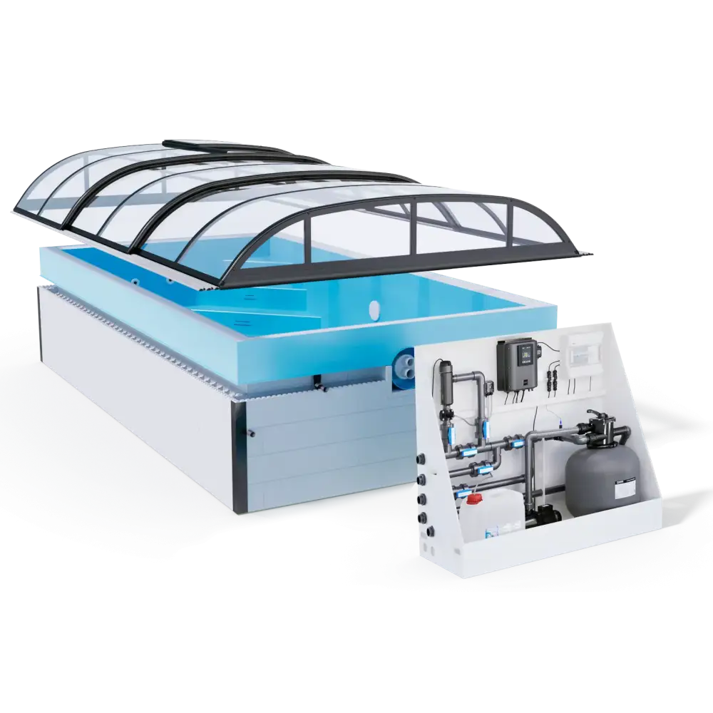 Modern ThermoPP Poolpaket Qbig Overflow 3×5 pool med glasvalmat tak