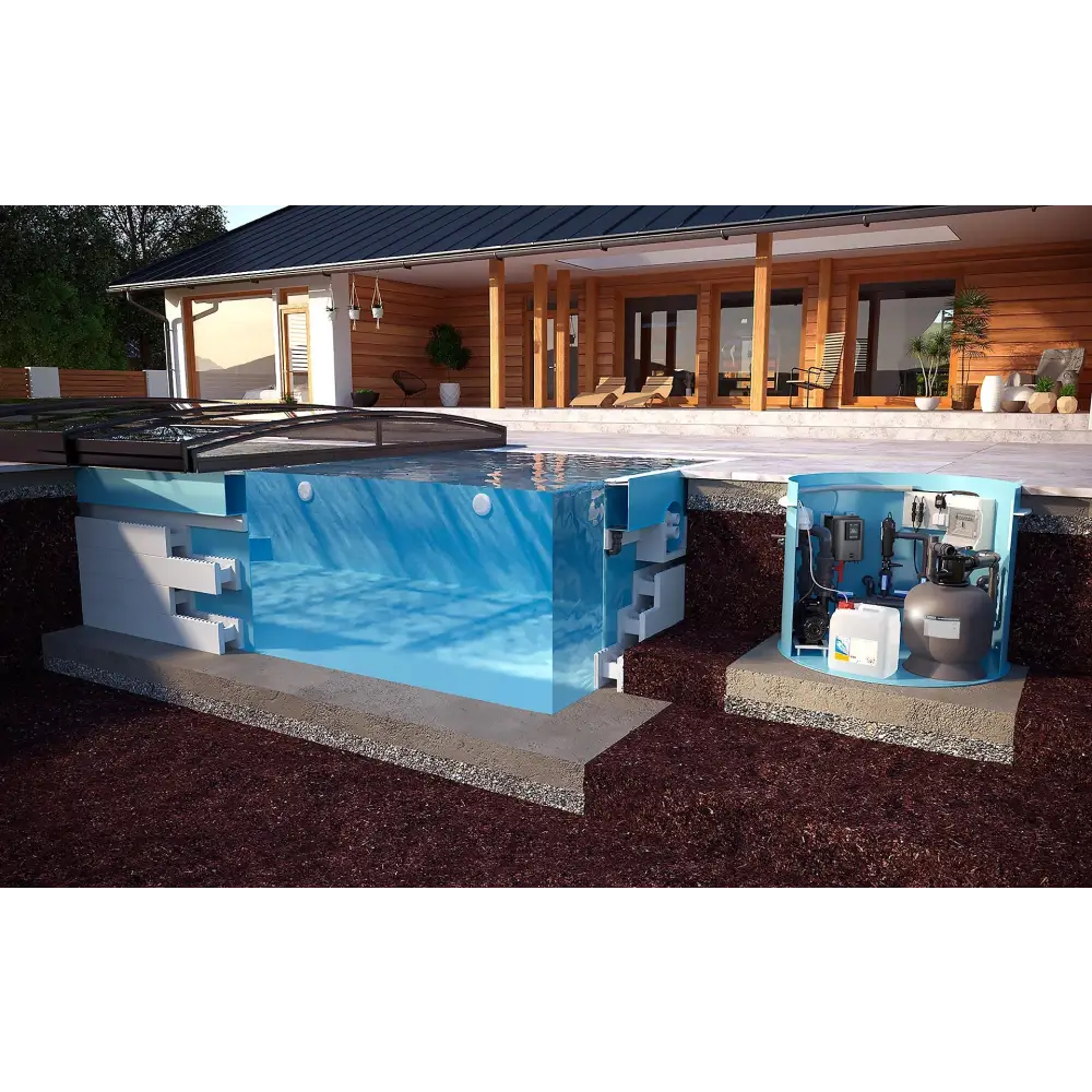 Blåvit underjordisk poolfiltreringssystem med synliga komponenter i ThermoPP Poolpaket QBig Overflow 3.5×7