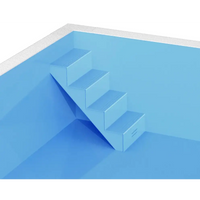 Blå pooltrappa med texturerade steg och vit kaklad kant i ThermoPP Poolpaket QBig Overflow 3×6