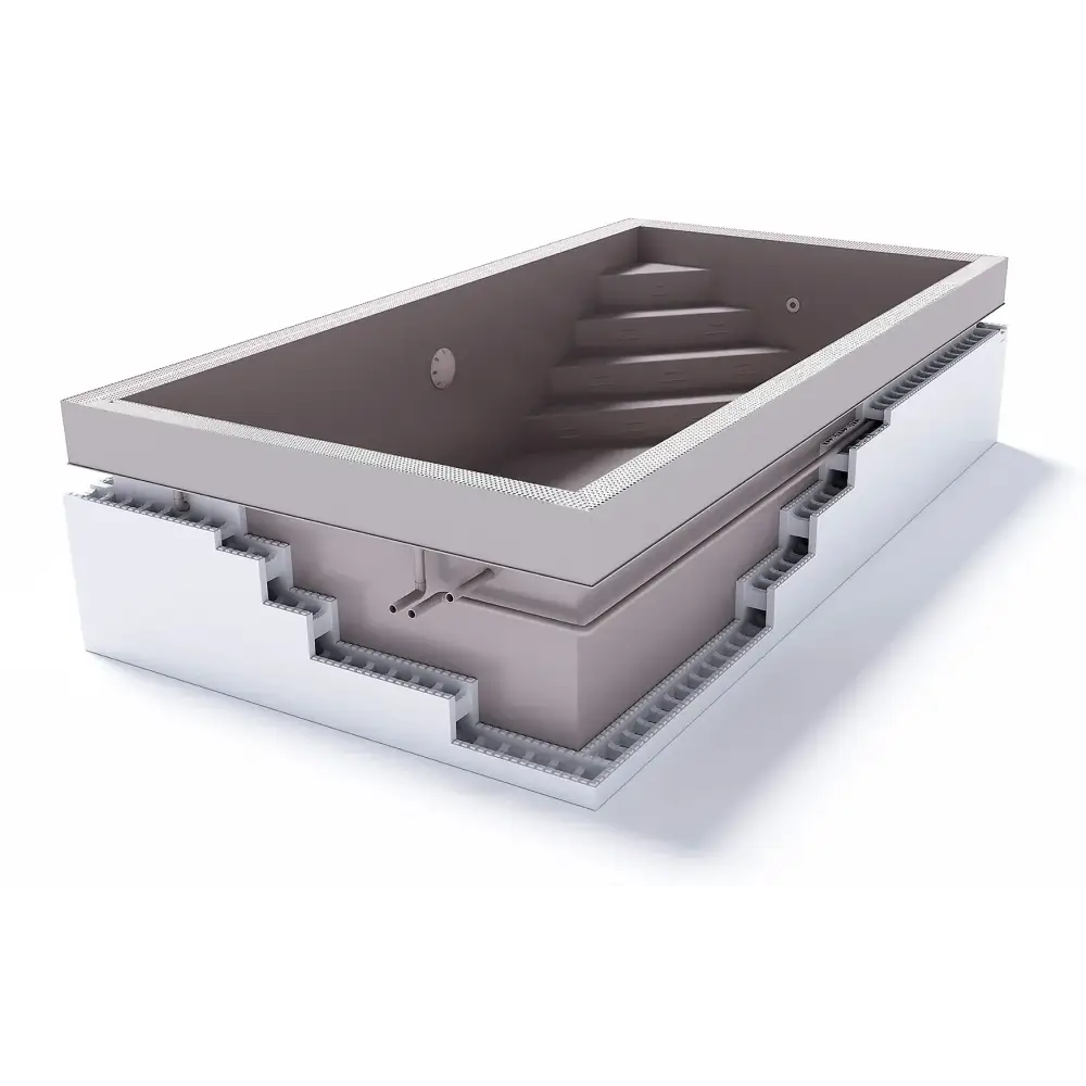 Grå rektangulär ThermoPP Poolpaket Qbig Overflow 3×7 med inbyggda steg och texturerad yta