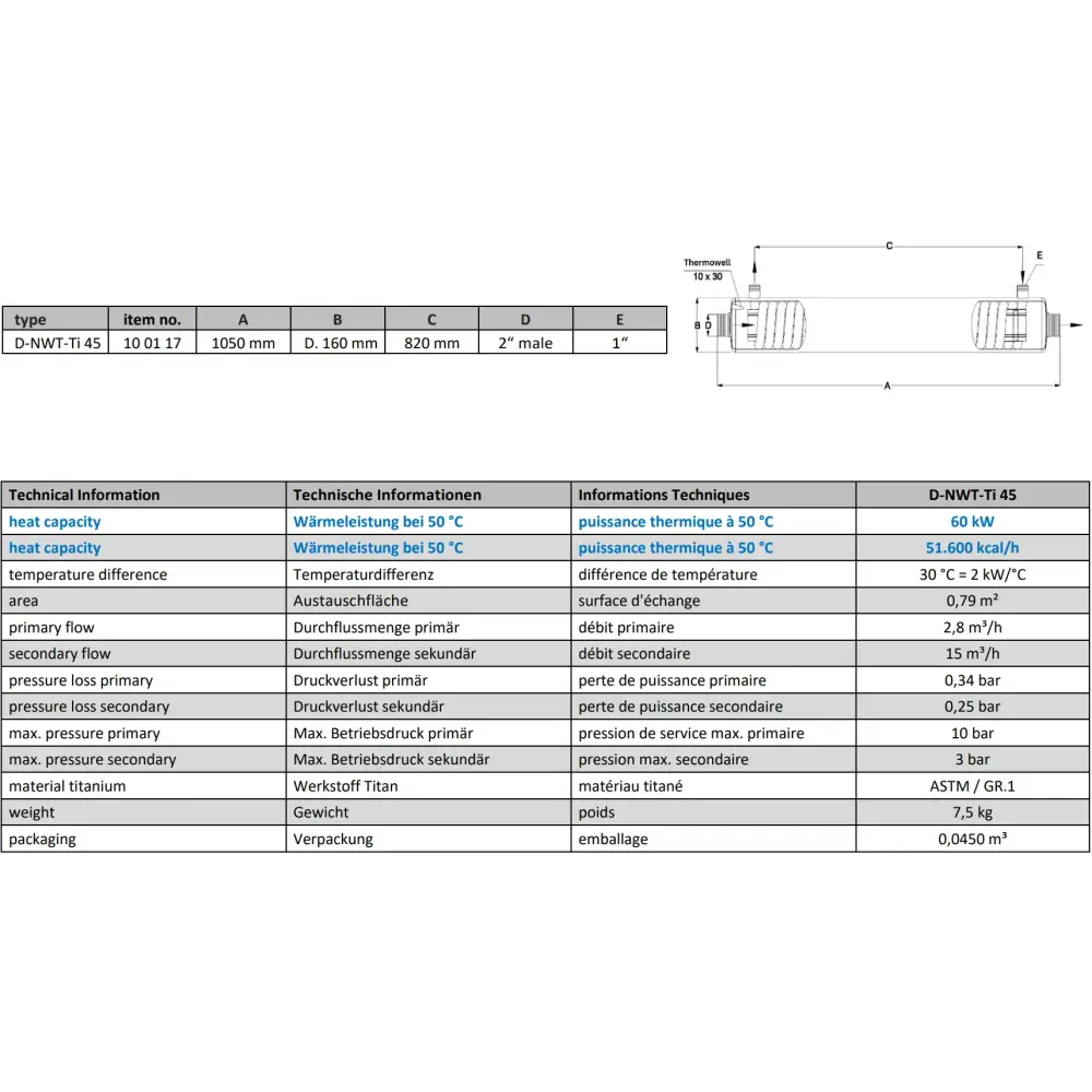 Titanium värmeväxlare D-NWT-TI 45 med minimal tryckförlust för energieffektivitet