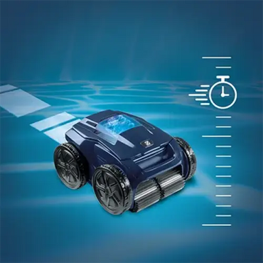 Zodiac Alpha poolrobot med blå design, svarta hjul och konstant cyklonal aspiration